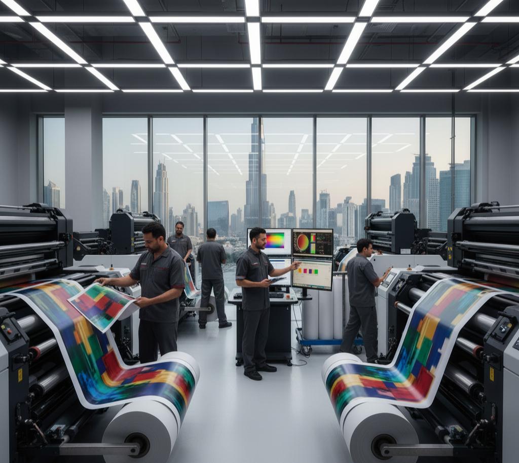 Modern printing press facility in Dubai with advanced digital and offset machines producing high-quality prints, showcasing innovation and technology in Dubai’s printing industry.