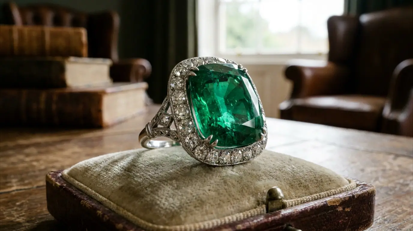 Vintage cushion cut emerald engagement ring gold